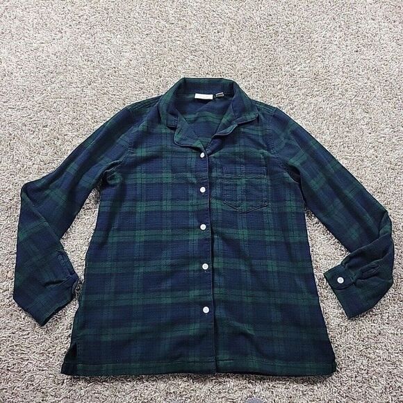 LL Bean Flannel Pajama Top Women Size Small Green Scotch Plaid Button Up - Picture 1 of 8